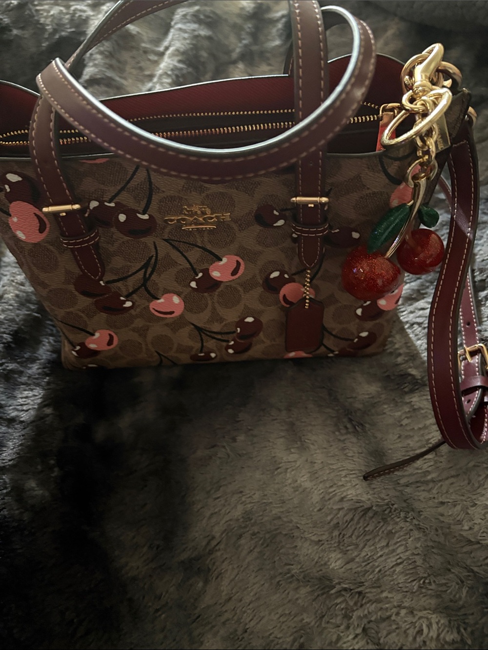 Coach Brown Signature Cherry Satchel with Burgundy Trim